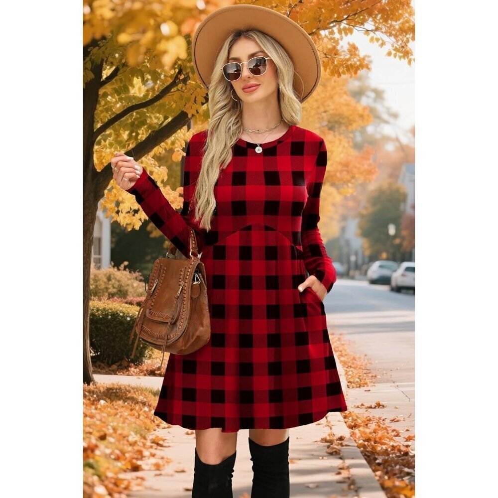 Womens Black Red Long Sleeve Empire Waist Winter Casual Tunic Dress with Pockets